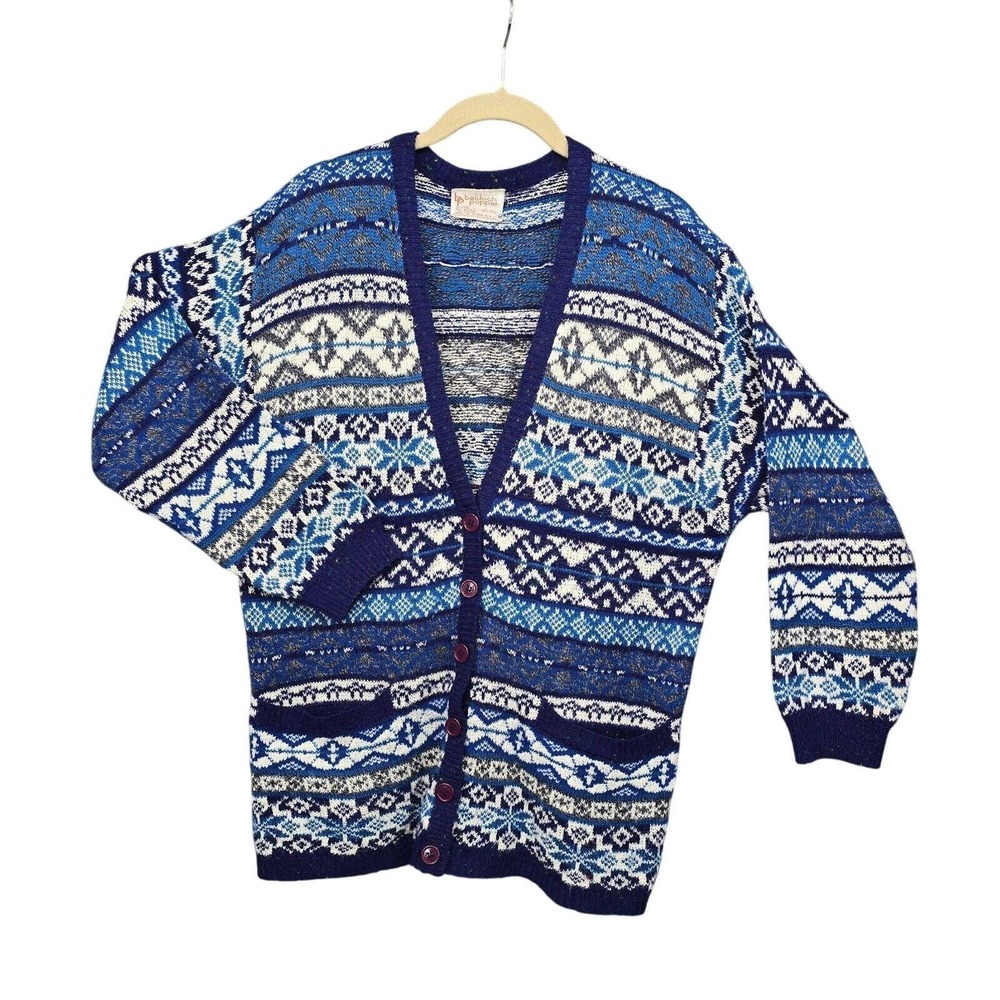 Vintage Beldoch Popper Blue Fair Isle Snowflake Wool Blend Cardigan Sweater L‎